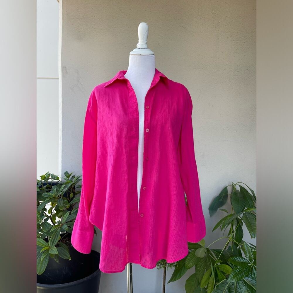 🌿 H&M Textured Fabric Relaxed Oversized Button Down Shirt in Hot Pink/ Fuc…